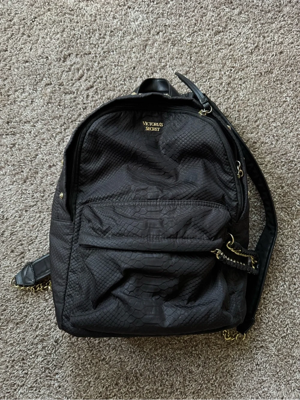 Victoria's Secret Black Textured Snake-Print Backpack with Gold Accents - Picture 1 of 8